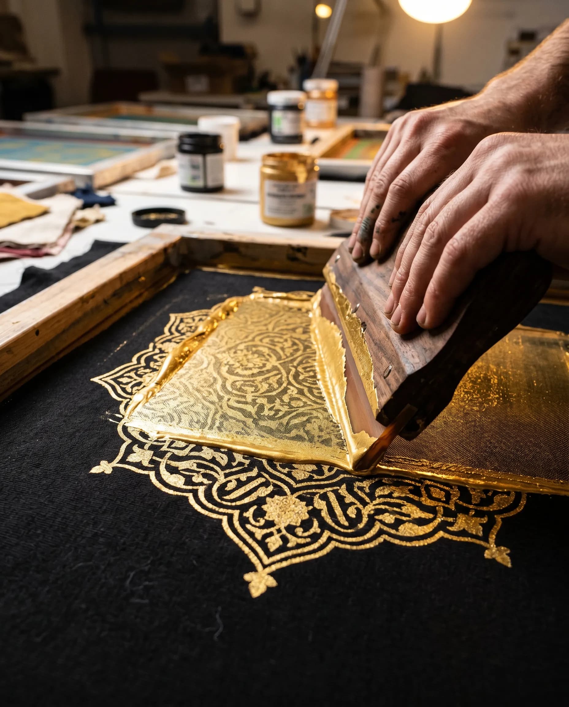 Screen printing process — gold ink on fabric