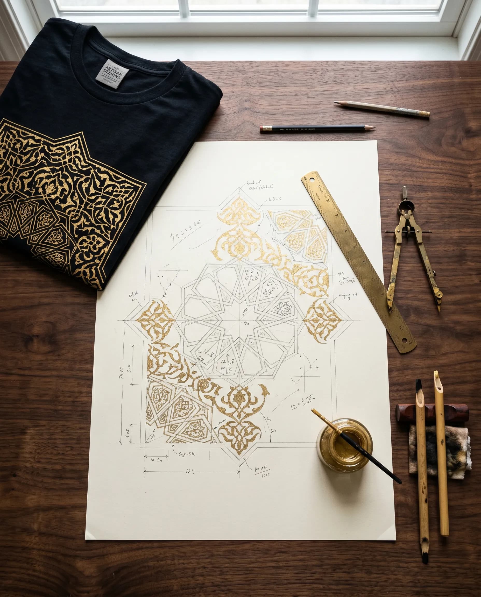 Persian geometric pattern sketch in gold ink
